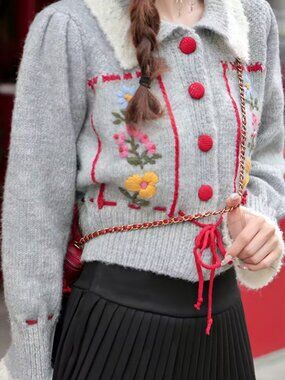 ♥️ Red Button Pull Tie String Embroidered Detail Cardigan